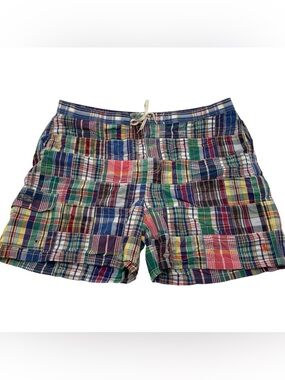 VTG Polo By Ralph Lauren Men Swim Trunks 3XB Madras Plaid Patchwork 6” Inseam